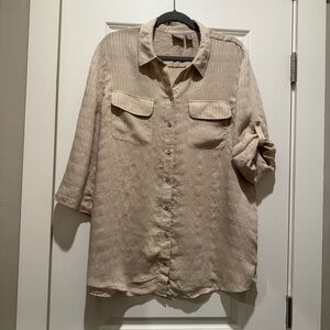 Chicos Womens Sz 3 Beige Glitter Stripe Linen Button Up Top Blouse 3/4 Sleeve